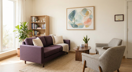 A bright, sunlit therapy office with a comfortable purple sofa and modern artwork, conveying a sense of calm, safety, and professional care in a warm minimalist style.