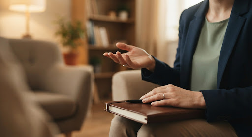 Close up of a therapist's hands holding a notebook, gently gesturing while speaking to a client out of frame, soft focus background, warm inviting lighting, professional and empathetic mood.